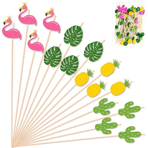 OHOME Luau Party Decorations - 48 Tropical Cocktail Picks with Flamingo, Pineapple & Cactus Designs