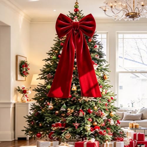 QIANGED Extra-Large Red Velvet Christmas Tree Topper Bow 15.8" x 48"