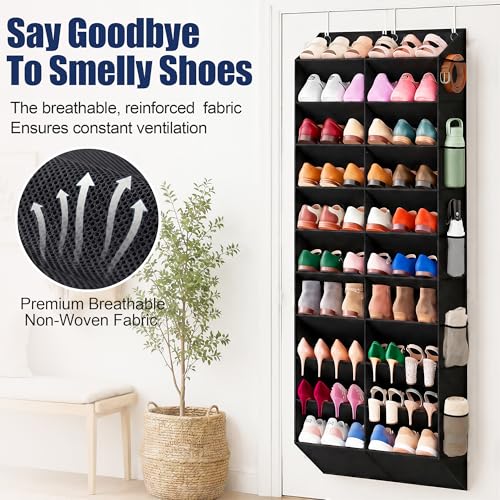 10-Tier Over-the-Door Shoe Organizer with Side Mesh Pockets, Black