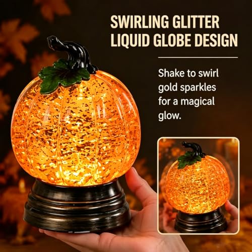 Lighted Pumpkin Snow Globe with LED Glow and Glitter, 6.25-inch