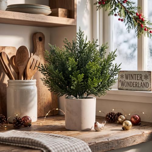 Threehoney 12 Pack White Mini Cedar Bushes - 8.27in Artificial Christmas Trees, 21 cm