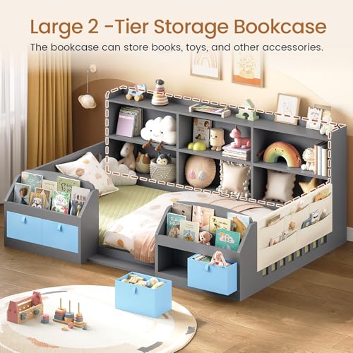 Twin Montessori Floor Bed Frame for Toddlers with Storage Drawers & Bookshelves