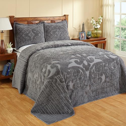 King Bedspread - 100% Cotton Chenille Bed Coverlet with Medallion Pattern, All Season Lightweight Gray Tufted Bedding