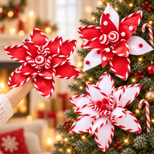 Alecono Red Candy Cane Poinsettia Picks 6 Pack - Artificial Christmas Flowers