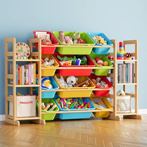 Kids Toy Storage Organizer with 12 Bins and Bookshelf, Pine Wood