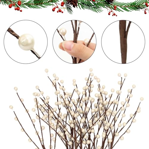 Artificial White Berry Stems for Christmas Holiday Decorations - 12 Pack