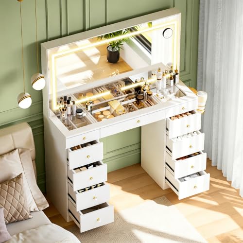 11-Drawer Vanity Desk with LED Mirror, Glass Top, and Charging Station