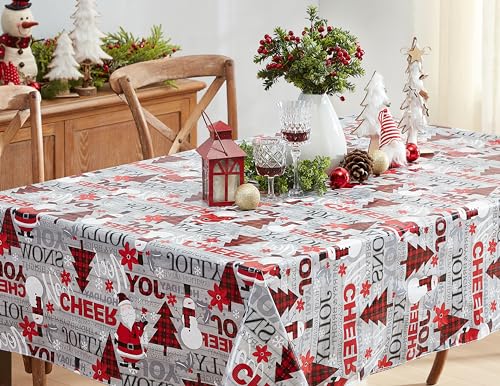 Newbridge 60 x 102 Inch Christmas Joy & Cheer Vinyl Tablecloth - Red Plaid Holiday Decor