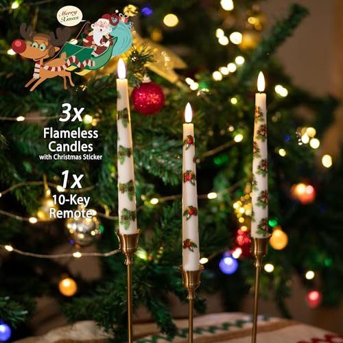 White Christmas Pine Flameless Taper Candles with Pine Leaves, Cones & Bells - Holiday Decor