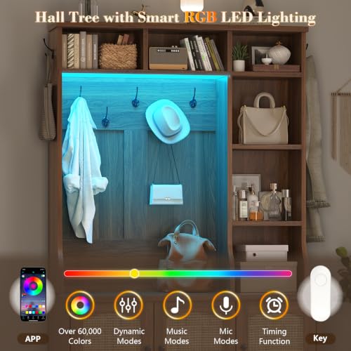 39.4-Inch Hall Tree with LED Lights, Rattan Entryway Bench & Shoe Storage