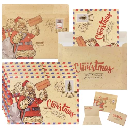 Vintage Santa Claus Greeting Cards Set with Kraft Envelopes - 5 Pack, 6x4" Christmas Postcards with Variation Santa Claus With Bags
