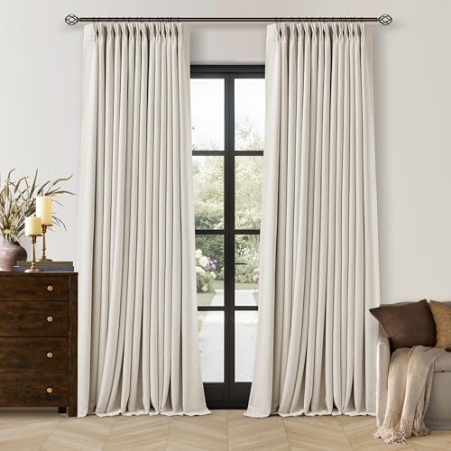 100% Blackout Pinch Pleated Linen Curtains - 90 Inch, 2 Panels, Cream