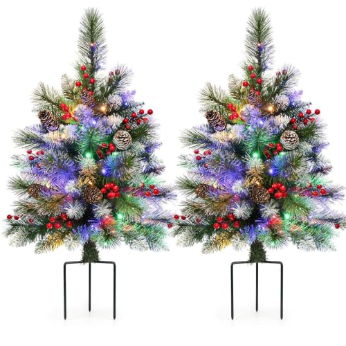 Set of 2 Outdoor Christmas Tree with LED Lights 25.6 Inch Frosted Pine Decor
