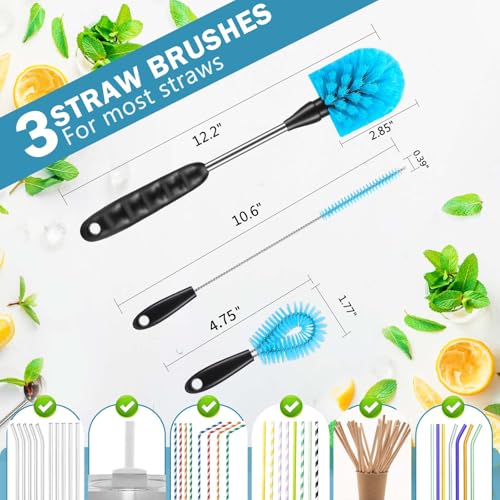 3-in-1 Long Handled Bottle Brush Set - 12.2 Inch Straw & Cup Cleaner (Blue)