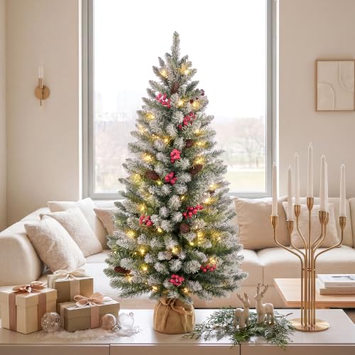 4ft Pre-Lit Snow Flocked Christmas Tree with Berries & Pinecones - Warm LED Lights Timer