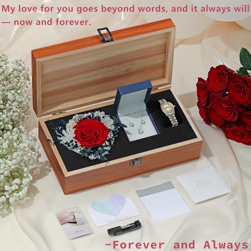 Pttozan Preserved Rose Jewelry Set with Necklace and Earrings - LOVE Words & No Interior - Romantic Gift for Women, Mother’s Day, Anniversary, Christmas