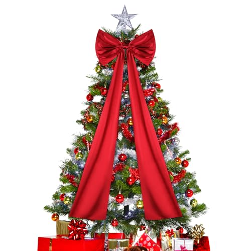 47 Inch Red Christmas Tree Topper Bow Satin Ribbon - Giant Christmas Decor for Tree, Wreaths, Weddings