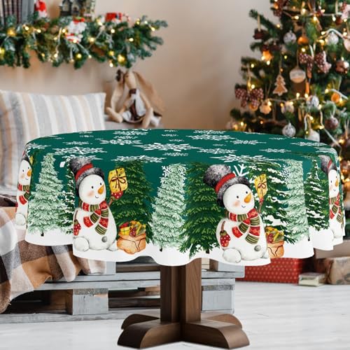 YOSTEV Xmas Tc 13 60" Round Green Christmas Tablecloth with Snowman Snowflakes – Spillproof Fabric