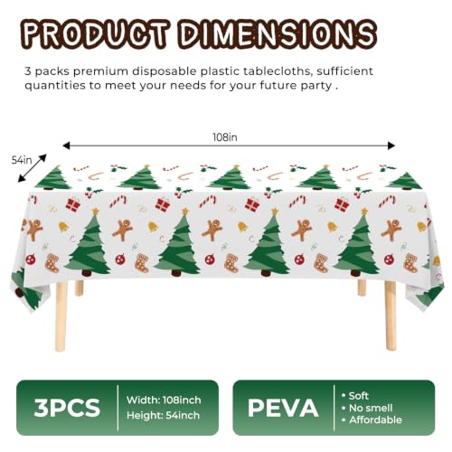 JHDZDHY 3 Pack Christmas Tree Tablecloths 54 x 108 in Disposable PEVA Table Covers