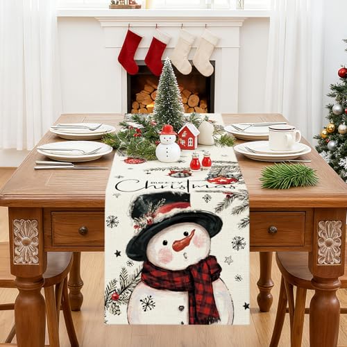 OTOSTAR Christmas Table Runner 13x120 Inch Snowman Pine Red Holiday Farmhouse Decor