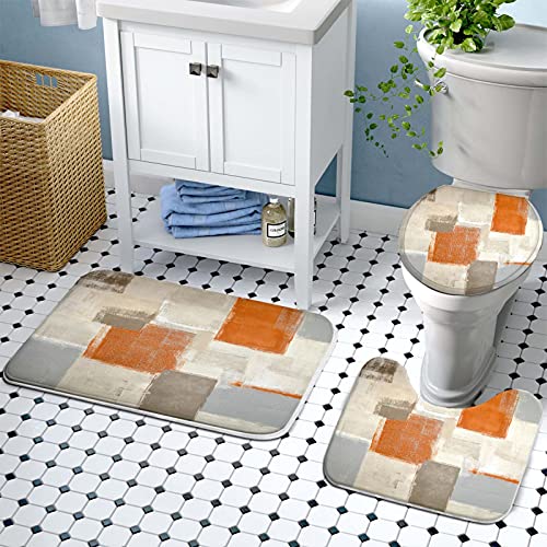 4-Piece Orange Modern Art Shower Curtain Set with Non-Slip Bath Rugs