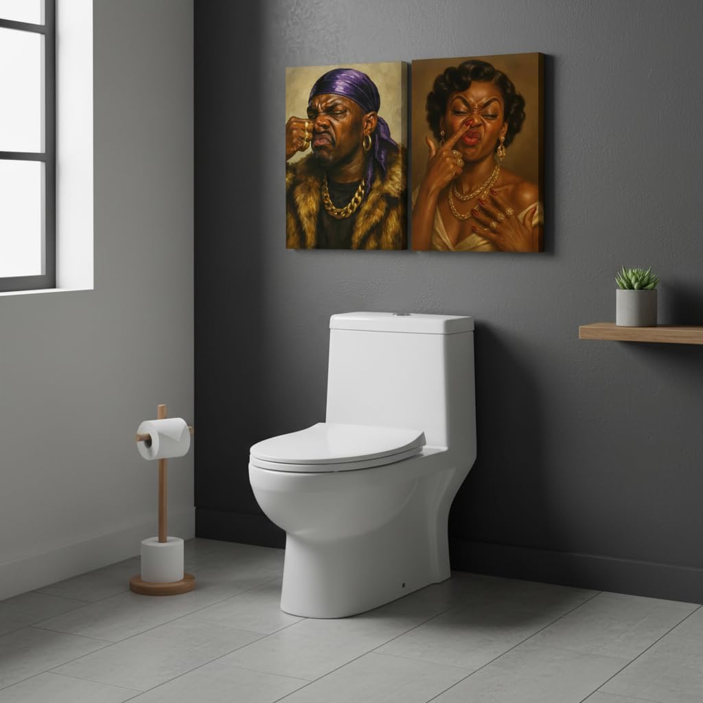 TEOVGKN Funny African American Bathroom Wall Art - Humorous Black Couple Canvas Prints | Framed 12x16 in