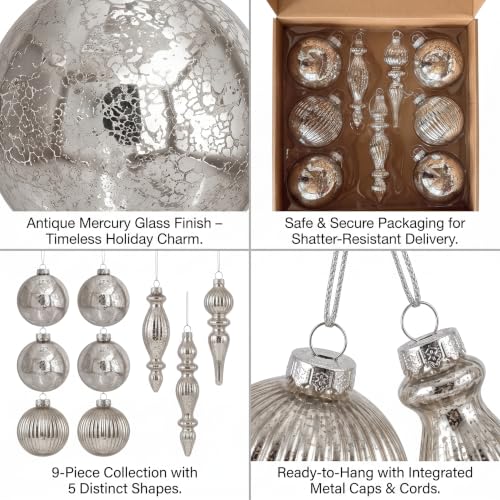 Set of 9 Vintage Silver Mercury Glass Christmas Ornaments with Finials — Sliver / Set of 9