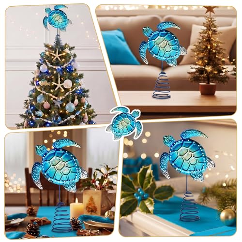 Metal Blue Sea Turtle Christmas Tree Topper | Coastal Nautical Beach Decor