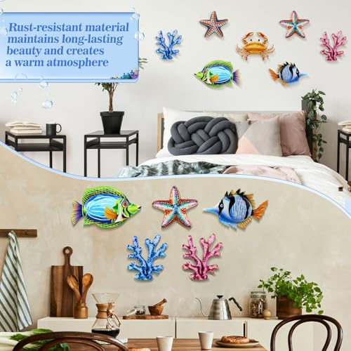 8-Piece Metal Coastal Wall Art Set, Colorful Tropical Sea Life Sculptures