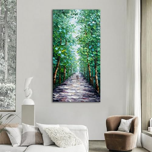 Large Hand-Painted Abstract Forest Canvas Wall Art, 24x48 Inch Vertical Decor