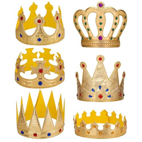 6 Pcs Foam Gold Crown Set with Gems for Kids Birthday Party Hats