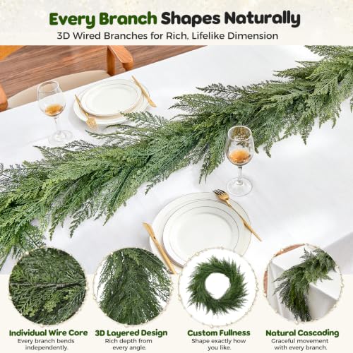 9FT FAJUNZH Extra Full Layered Cedar Garland 9FT-1PC Soft-Touch Greenery