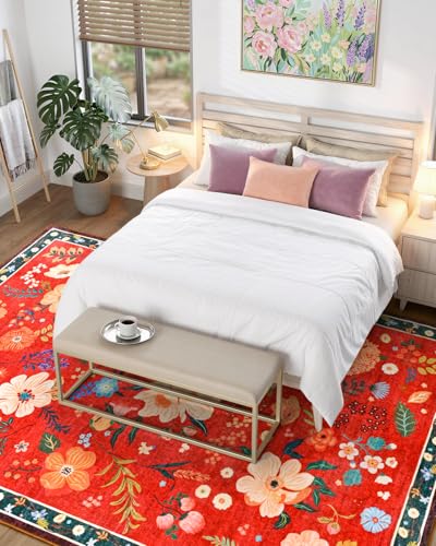 Macgace 5' x 7' Christmas Red Floral Rug for Girls Room - Machine Washable, Non-Slip Backing
