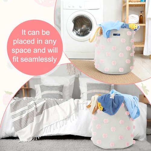 Large Pink Cotton Pom Pom Laundry Basket - 17.5" x 20.8" Nursery Storage