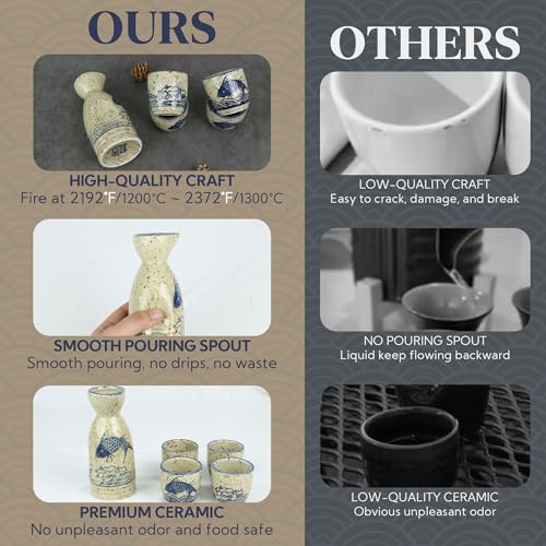 Cream-Fish Ceramic Sake Set 5pcs - Japanese Saki Carafe & Cups - PUNNIO