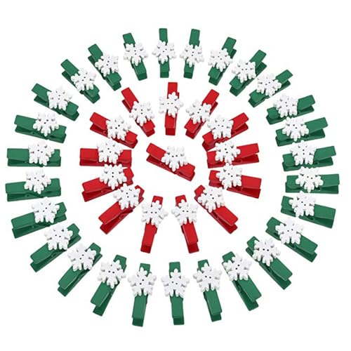 50pcs Red & Green Snowflake Mini Clothespins - Wooden Photo Clips for Christmas Cards & Crafts