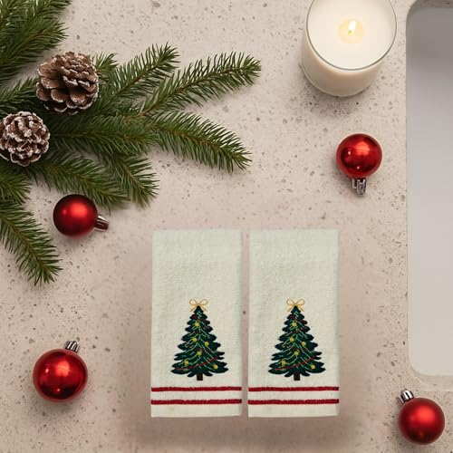 Christmas Tree Embroidered Fingertip Towels - Set of 2 Cotton Hand Towels