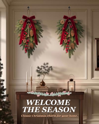 Sariiraw 4 Pack 23in Christmas Teardrop Swag - Artificial Norfolk Pine with Pinecones & Red Berries