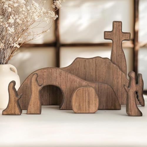 Wooden Easter Resurrection Scene Decor - 7-Piece Empty Tomb Tabletop Set