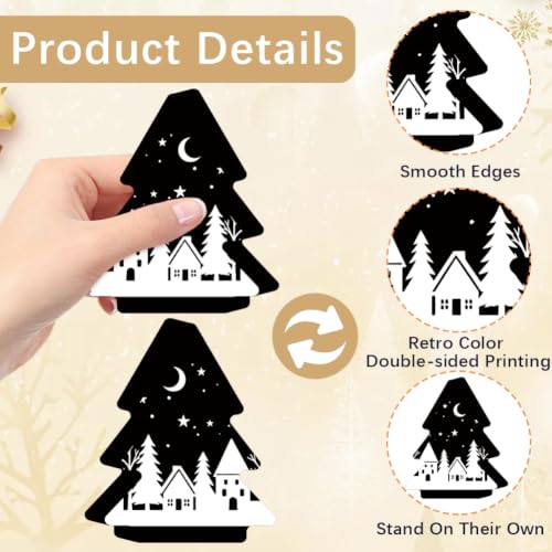 PRESSINART 4Pcs Wooden Christmas Tree Ornaments Set – 4 Sizes, Black & White