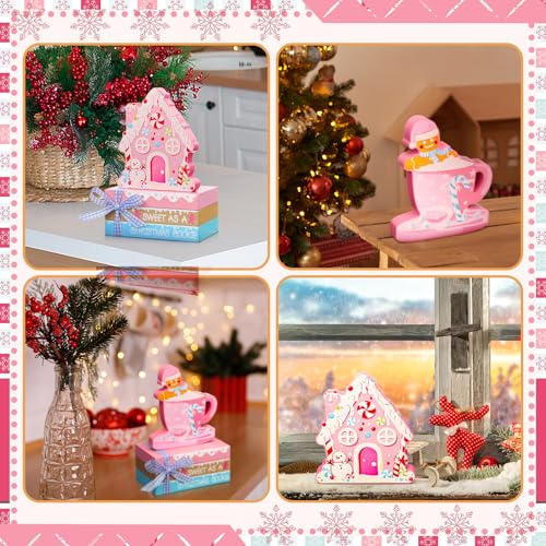 Gingerbread Man House Sign Set - Pink Christmas Table Decor (5 Pcs) - Includes Pastel Books & Coffee Cup Sign
