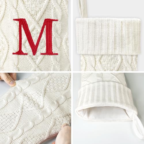 Yoochee 21 Inch White Knitted Christmas Stocking with Initials - Monogram Letter-M, Large Personalised Xmas Decoration
