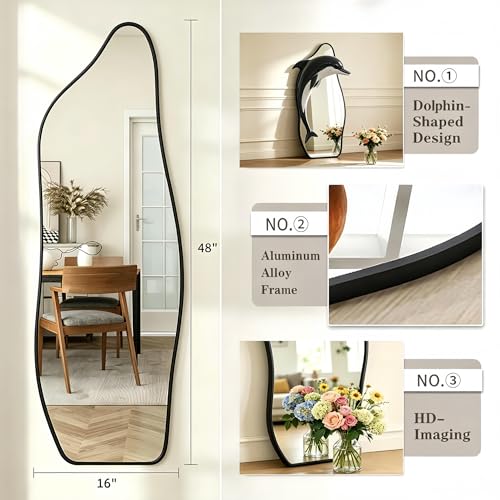 48"x16" Dolphin Shaped Full Length Mirror - Black Aluminum Alloy Wall Mirror