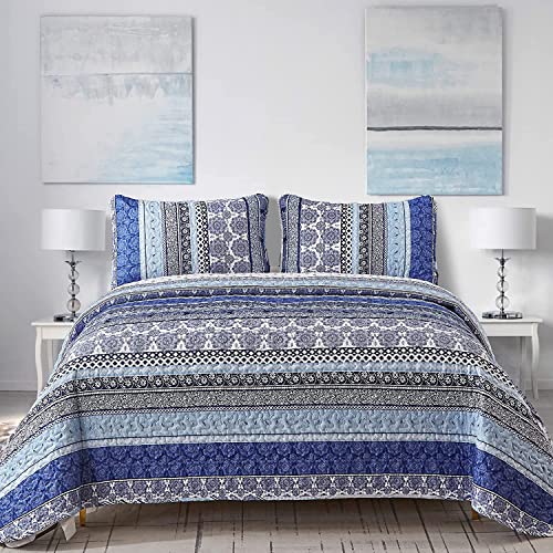 Boho Quilt Set King Size - Blue Bohemian 3-Piece Lightweight Bedspread Coverlet