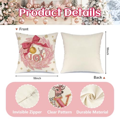 MODOVOS 18x18 Inch Pink Christmas Tree Wreath Pillow Covers Set of 4