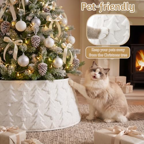 White Faux Fur Christmas Tree Collar - Plush Diamond Pattern, Adjustable 7.5-9ft