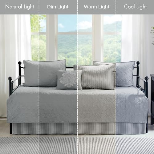 Reversible Daybed Cover Set - 6 Piece Grey Bedding with Shams & Bed Skirt