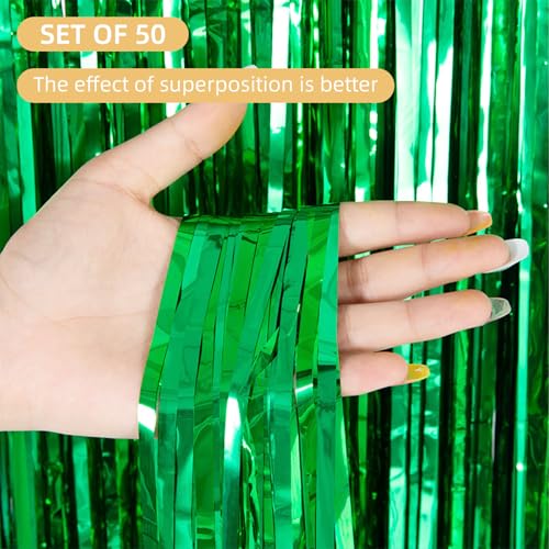 Green Foil Fringe Curtain 50 Pack - Metallic Tinsel Backdrop for Parties