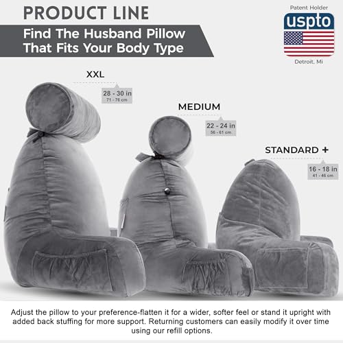XXL Backrest Pillow for Adults - 30" Firm Support Bed Rest Pillow with Neck Roll - Dark Grey