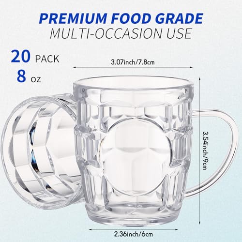 8 oz Plastic Beer Mugs with Handles, Reusable Dimpled Steins - 20 Pack